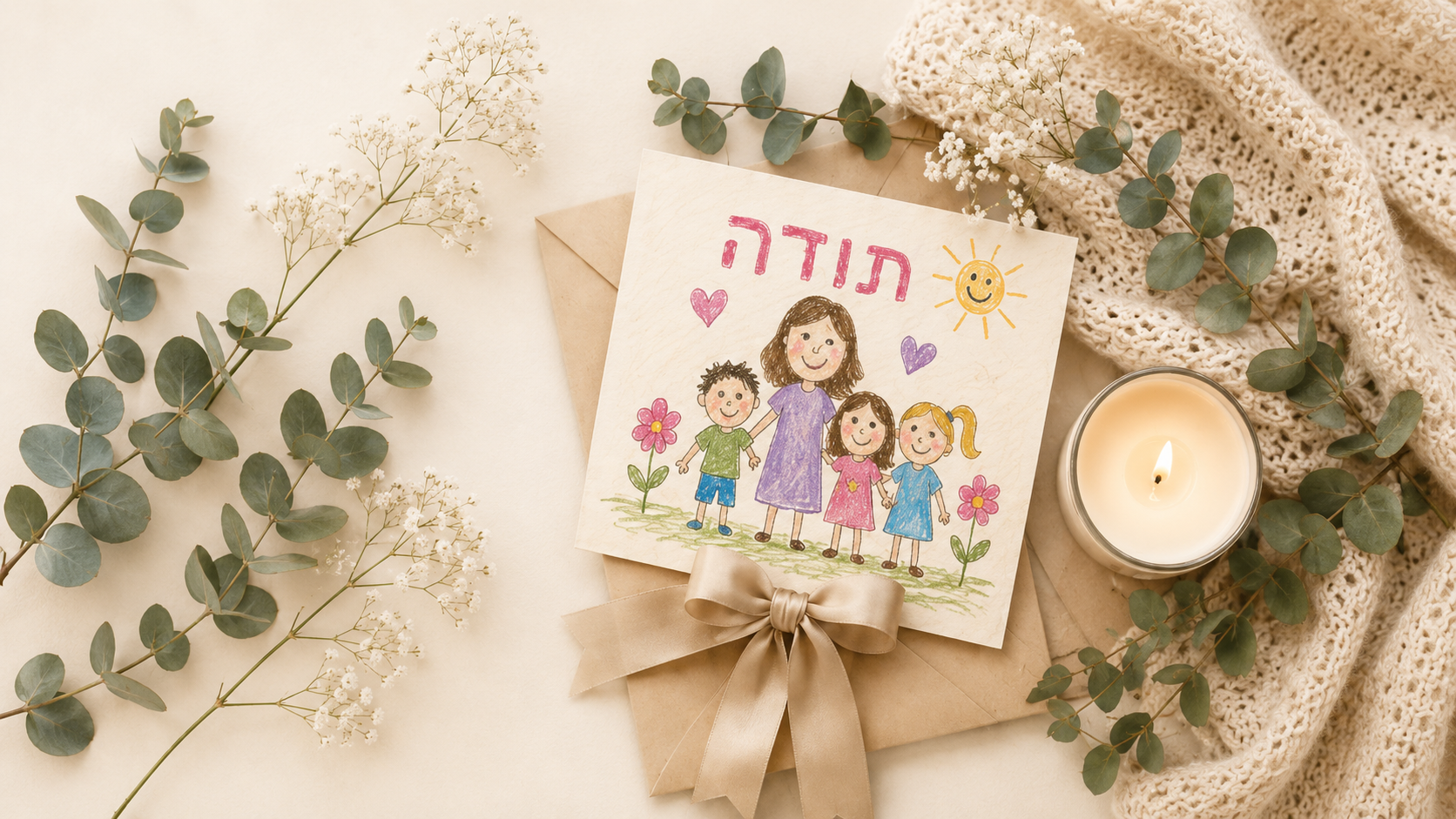 תמונת מתנה עם מעטפה, סרט, נר, עלים וכרטיס תודה מצויר של ילדים